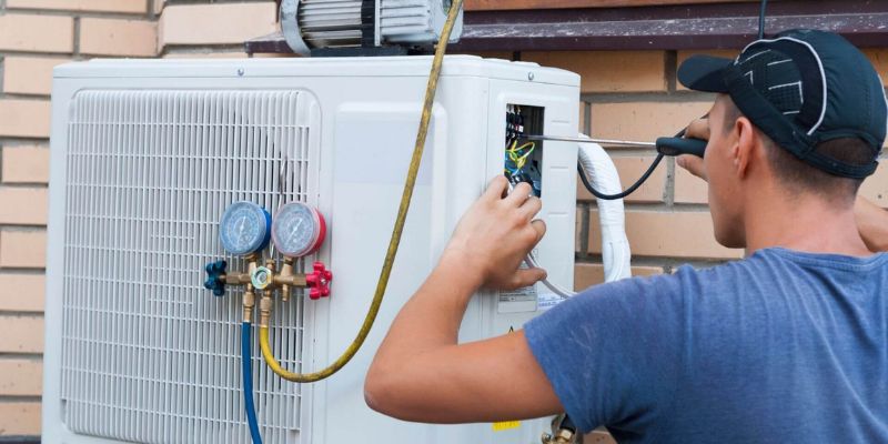 two technicians repairing an AC motor